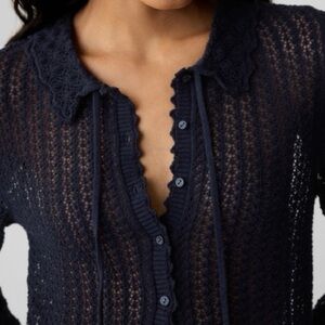 GAP x DOEN | Linen Blend Delicate Navy Blue Crochet Cardigan Sweater | Large